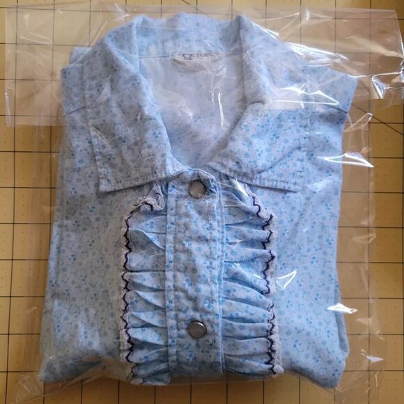 Vintage PRIOR Western Denver Snap Front Blue Floral Ruffled Shirt Bust 36" - Picture 1 of 9